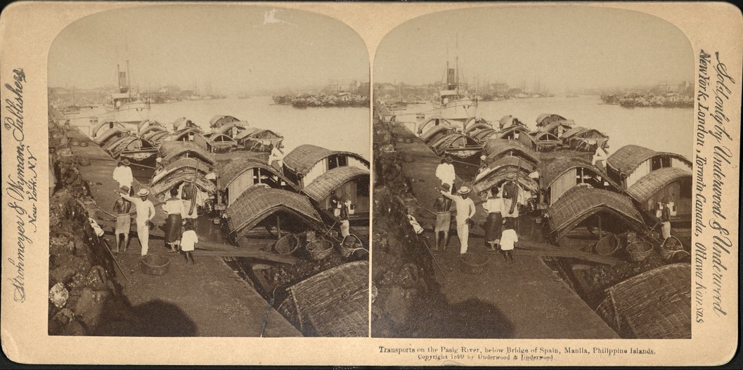 Transports on the Pasig River, below Bridge of Spain, Manila, Philippine Islands.